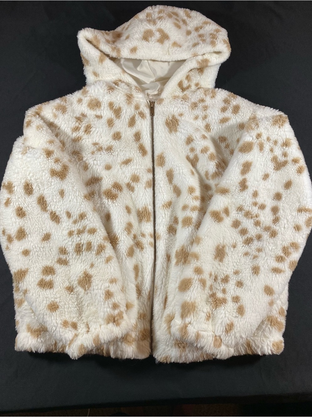 Nine West Cream and Tan Faux Fur Hooded Bomber Jacket
